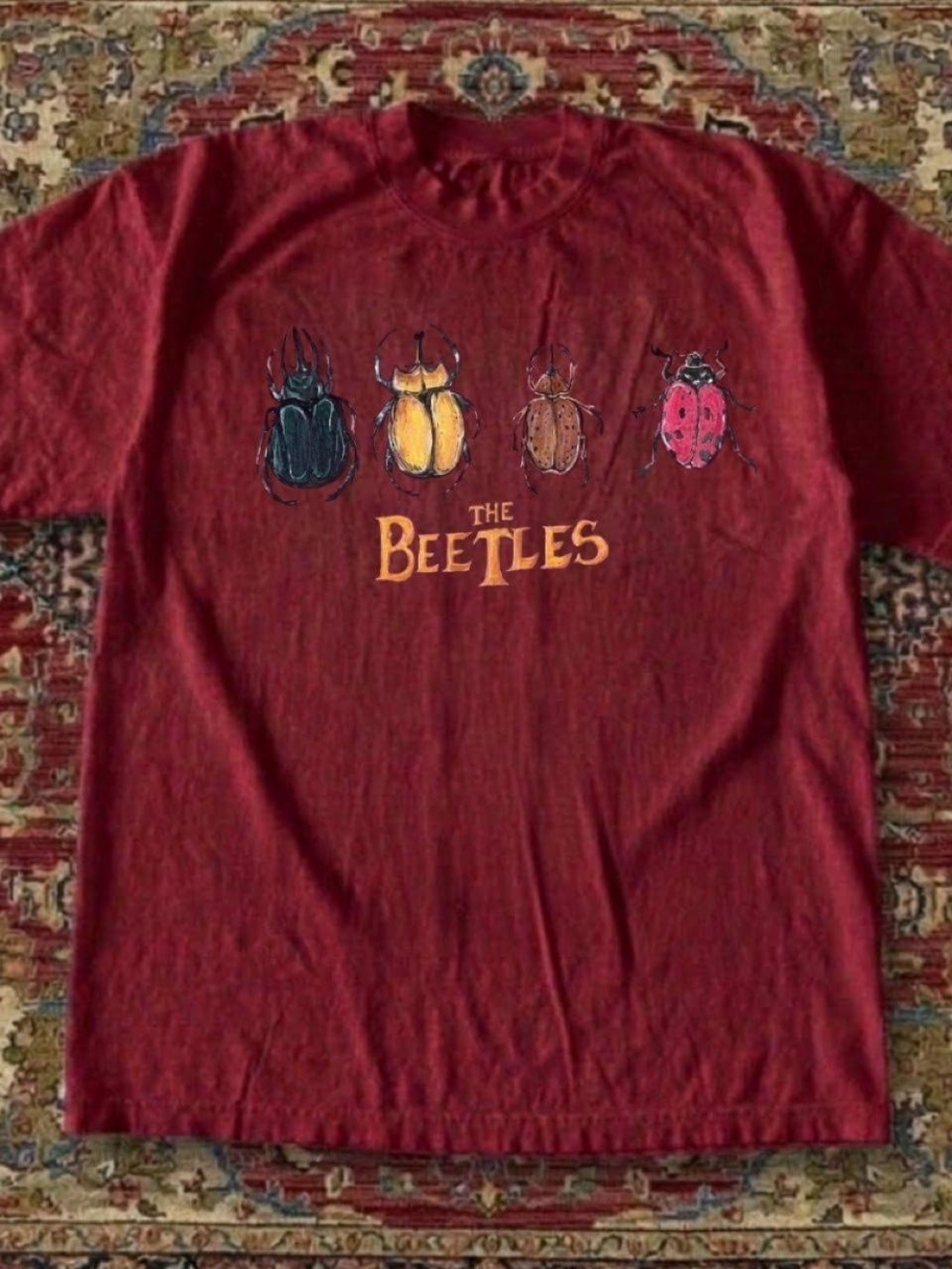 Gildan Maroon Tee with Colorful Beetle Graphic